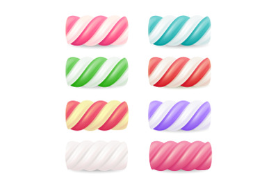 Realistic Marshmallow Candy Vector. Set Colorful Twisted Marshmallows