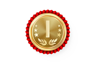 Gold 1st Place Rosette, Badge, Medal Vector. Realistic Achievement With Best First Placement. Round Championship Label With Red Rosette. Ceremony Winner Honor Prize. Sport Game Golden Challenge Award