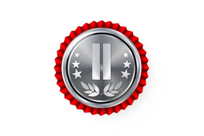 Silver 2st Place Rosette, Badge, Medal Vector. Realistic Achievement With Best Second Placement. Round Championship Label With Red Rosette. Ceremony Winner Honor Prize. Sport Game Challenge Award