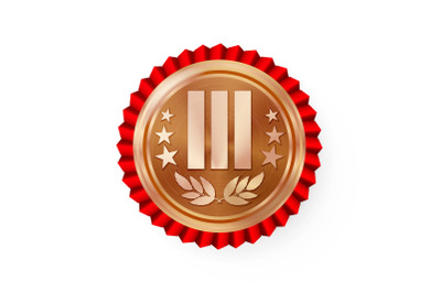 Bronze 3st Place Rosette, Badge, Medal Vector. Realistic Achievement With Third Placement. Round Championship Label With Red Rosette. Ceremony Winner Honor Prize. Sport Bronze Challenge Trophy Award