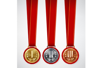 Gold, Silver, Bronze Place Badge, Medal Set Vector. Realistic Achievement With First, Second, Third Placement. Round Championship Label, Red Rosette. Winner Honor Prize. Sport Game Challenge Award