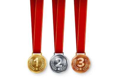 Champion Medals Set Vector. Metal Realistic First, Second Third Placement Achievement. Round Medals With Red Ribbon, Relief Detail Of Laurel Wreath. Competition Game Golden, Silver, Bronze Achievement