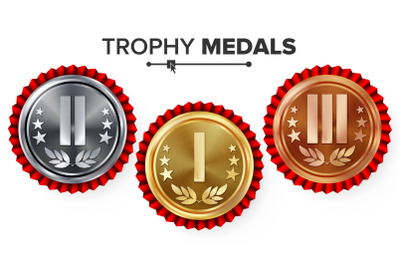 Gold, Silver, Bronze Place Badge, Medal Set Vector