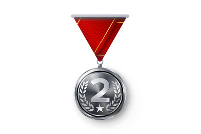 Silver Medal Vector. Metal Realistic Second Placement Achievement. Round Medal With Red Ribbon, Relief Detail Of Laurel Wreath And Star. Competition Game Siver Achievement. Winner Trophy Award