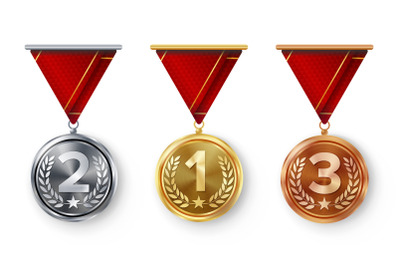 Champion Medals Set Vector. Metal Realistic First, Second Third Placement Achievement. Round Medals With Red Ribbon, Relief Detail Of Laurel Wreath, Star. Sport Game Golden, Silver, Bronze Achievement