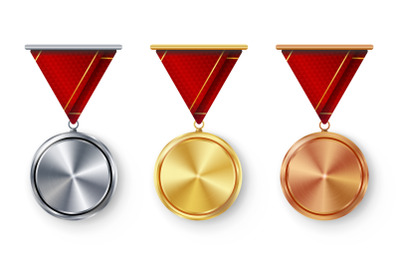 Champion Medals Blank Set Vector. Metal Realistic First, Second Third Placement Prize. Classic Empty Medals Concept. Red Ribbon. Sport Game Golden, Silver, Bronze Achievement Template