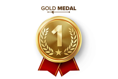 Gold 1st Place Medal Vector. Metal Realistic Badge With First Placement Achievement. Round Label With Red Ribbon, Laurel Wreath, Star. Winner Honor Prize. Competition Game Golden Winner Trophy Award