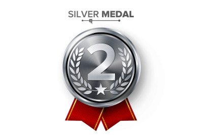 Silver 2st Place Medal Vector. Metal Realistic Badge With Second Placement Achievement. Round Label With Red Ribbon, Laurel Wreath. Winner Honor Prize. Competition Game Silver Winner Trophy Award