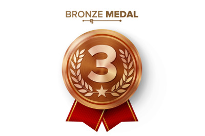 Bronze 3st Place Medal Vector. Metal Realistic Badge With Third Placement Achievement. Round Label With Red Ribbon, Laurel Wreath, Star. Winner Honor Prize. Competition Game Bronze Winner Trophy Award