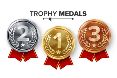 Gold, Silver, Bronze Medals Set Vector.