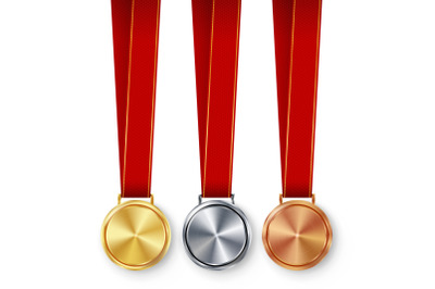 Champion Medals Blank Set Vector. Metal Realistic First, Second Third Placement Prize. Classic Empty Medals Concept. Red Ribbon, Laurel Wreath. Sport Game Golden, Silver, Bronze Achievement Template