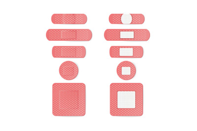 Medical Patch Vector. Two Sides. Adhesive Waterproof Aid Band Plaster Strips Varieties Icons Collection. Realistic Illustration Isolated On White Background