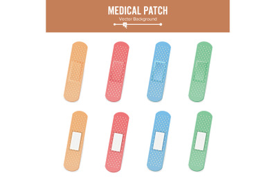 Medical Patch Vector. Two Sides. Adhesive Waterproof Aid Band Plaster Strips Varieties Icons Collection. Realistic Illustration Isolated On White Background