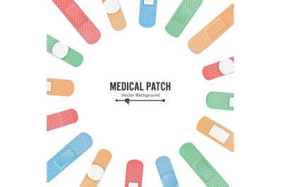 Medical Patch Vector. First Aid Band Plaster Strip Medical Patch Icon Set. Two Sides. Different Plasters Types. Realistic Illustration Isolated On White Background