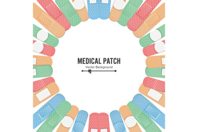 Medical Patch Vector. First Aid Band Plaster Strip Medical Patch Icon Set. Two Sides. Different Plasters Types. Realistic Illustration Isolated On White Background