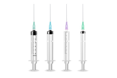 Vector Plastic Medical Syringe For Injection Isolated 3d Realistic Illustration. Transparent Background.