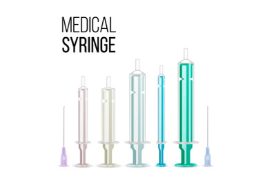 Vector Plastic Medical Syringe For Injection Isolated 3d Realistic Illustration. Transparent Background.