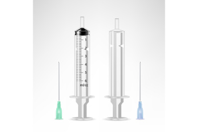 Vector Plastic Medical Syringe For Injection Isolated 3d Realistic Illustration. Transparent Background.