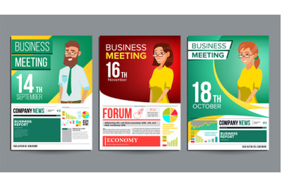 Business Meeting Poster Set Vector. Businessman And Business Woman. Layout. Presentation Concept. Corporate Banner Template. Seminar Speaker. A4 Size. Green, Red, Yellow. Illustration