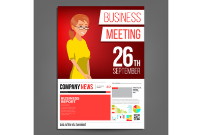 Business Meeting Poster Vector. Business Woman. Invitation And Date. Conference Template. A4 Size. Red, Yellow Cover Annual Report. Conference Room. Professional Training. Illustration