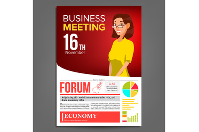 Business Meeting Poster Vector. Business Woman. Layout. Presentation Concept. Red&2C; Yellow Corporate Banner Template. A4 Size. Conference Hall. Illustration