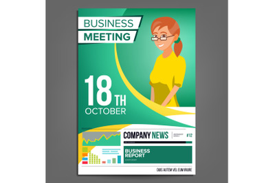 Business Meeting Poster Vector. Business Woman. Invitation For Conference, Forum, Brainstorming. Green, Yellow Cover Annual Report. Marketing, Sales E-commerce. Strategic Planning. Illustration