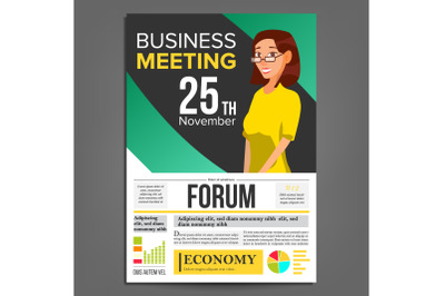 Business Meeting Poster Vector. Business Woman. Invitation And Date. Conference Template. A4 Size. Green, Yellow Cover Annual Report. Teamwork Cooperation. Illustration