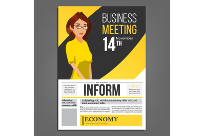 Business Meeting Poster Vector. Business Woman. Layout. Presentation Concept. Corporate Banner Template. A4 Size. Flat Cartoon Illustration