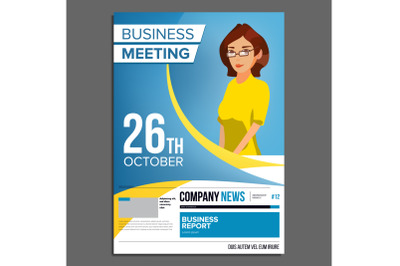 Business Meeting Poster Vector. Business Woman. Invitation For Conference&2C; Forum&2C; Brainstorming. Cover Annual Report. A4 Size. Flat Cartoon Illustration