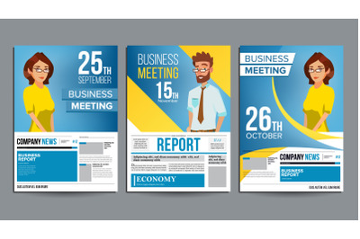 Business Meeting Poster Set Vector. Businessman And Business Woman. Invitation And Date. Conference Template. A4 Size. Cover Annual Report. Flat Cartoon Illustration