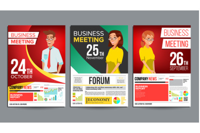 Business Meeting Poster Set Vector. Businessman And Business Woman. Invitation And Date. Conference Template. A4 Size. Cover Annual Report. Green, Red, Yellow. Chart And Graph Statistics. Illustration