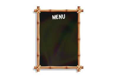 Menu Board With Bamboo Frame. Isolated On White Background. Realistic Black Chalkboard Hanging. Vector Illustration