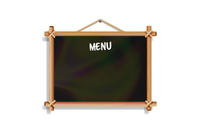 Cafe Menu Board. Isolated On White Background. Realistic Empty Black Chalkboard With Wooden Frame Hanging. Vector Illustration