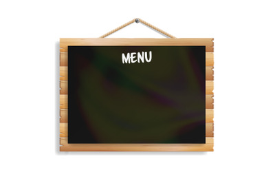 Menu Board. Cafe Or Restaurant Menu Bulletin Black Board. Isolated On White Background. Realistic Black Signboard Chalkboard With Wooden Frame Hanging. Vector Illustration