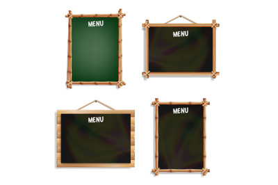 Restaurant Menu Boards Set. Isolated On White Background. Realistic Black And Green Chalkboard Blank With Wooden Frame Hanging. Vector Illustration