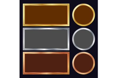 Gold, Silver, Bronze, Copper Metal Frames Vector. Rectangular, Round. Realistic Metallic Plates Illustration