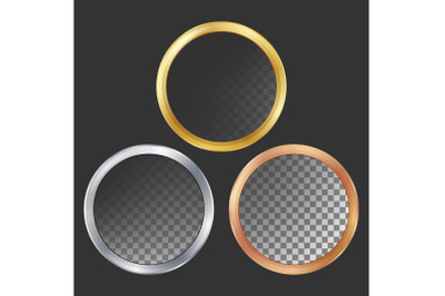 Gold, Silver, Bronze, Copper Metal Frames Vector. Round. Realistic Metallic Plates Illustration