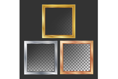 Gold, Silver, Bronze, Copper Metal Frames Vector. Square. Realistic Metallic Plates Illustration