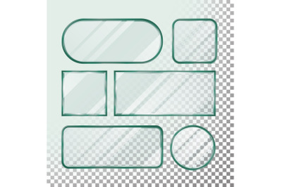 Transparent Glass Button Vector. Set Square, Round, Rectangular Shape. Realistic Plates. Isolated On Transparency Background Illustration