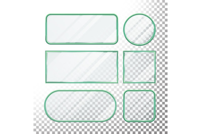 Transparent Glass Buttons Vector. Glass Plates Elements. Set Square&2C; Round&2C; Rectangular Shape. Realistic Plates. Plastic Banners With Reflection. Isolated On Transparency Background Illustration