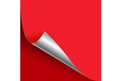 Curled Silver Metalic Corner Vector. Red Paper with Shadow Mock up Close up On Red Backdound