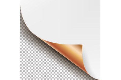 Curled Metallic Corner Vector. Realistic Paper With Soft Shadow Mock Up Close Up Isolated.