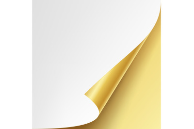 Curled Golden Metalic Corner Vector. White Paper with Shadow Mock up Close up Isolated