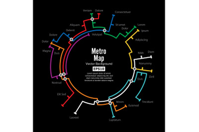 Metro Map Vector. Template Of City Transportation Scheme For Underground Road. Colorful Background With Stations