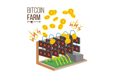 Bitcoin Farm Vector. Cryptocurrency Mining Farm. Video Card. Mining Virtual Gold Coins. Digital Currency Concept. Exchange Service. Data Storage. Isolated Flat Cartoon Illustration