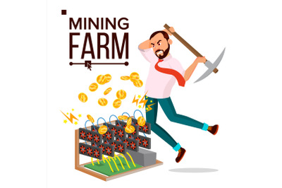 Mining Farm Vector. Businessman Miner. Server Room. Farming Coins. Technology Online. Isolated Flat Cartoon Illustration