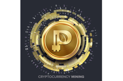 Mining Peercoin Cryptocurrency Vector. Golden Coin, Digital Stream. Futuristic Money. Fintech Blockchain. Processing Binary Data Arrays Operation. Cryptography, Financial Technology Illustration