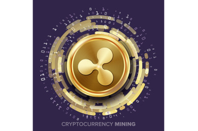 Mining Ripple Cryptocurrency Vector. Golden Coin, Digital Stream. Futuristic Money. Fintech Blockchain. Processing Binary Data Arrays Operation. Cryptography, Financial Technology Illustration