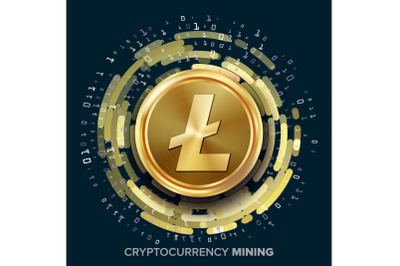 Mining Litecoin Cryptocurrency Vector. Golden Coin, Digital Stream. Futuristic Money. Fintech Blockchain. Processing Binary Data Arrays Operation. Cryptography, Financial Technology Illustration