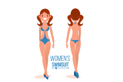 Women s Swimsuit Vector. Fashion Girl Displaying Modern Summer Beach Swimsuit. Back And Front Side. Beauty Female Swimwear Design. Isolated Flat Illustration